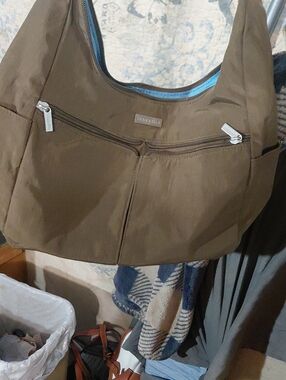 Baggallini Brown Nylon Crossbody Hobo with Blue Trim
